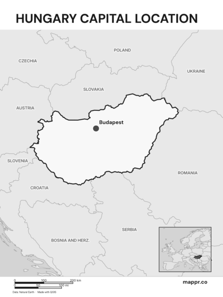 Detailed map pinpointing Budapest, the capital of Hungary (black and white).