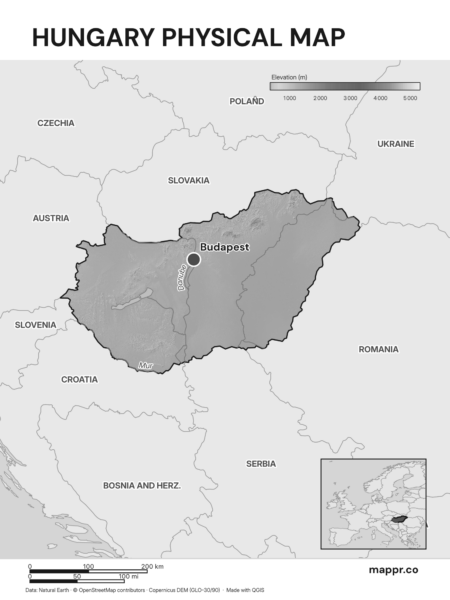Map featuring Budapest, the capital of Hungary, with rich topographical detail (black and white).