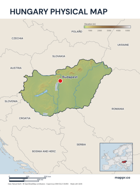 Map featuring Budapest, the capital of Hungary, with rich topographical detail.
