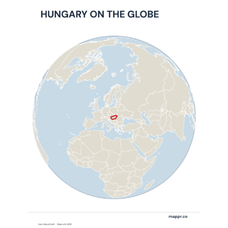A map highlighting Hungary's location on a globe, marked with a red outline.