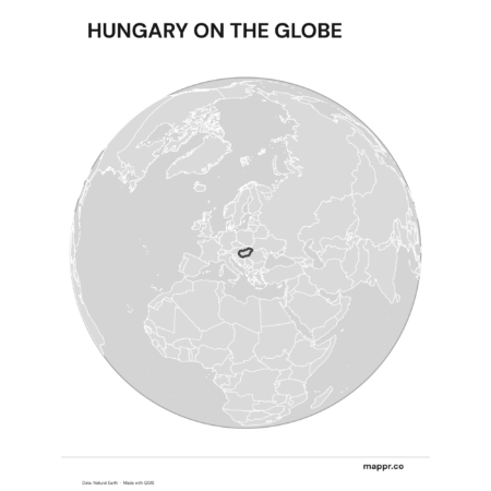 A map highlighting Hungary's location on a globe, marked with a red outline (black and white).