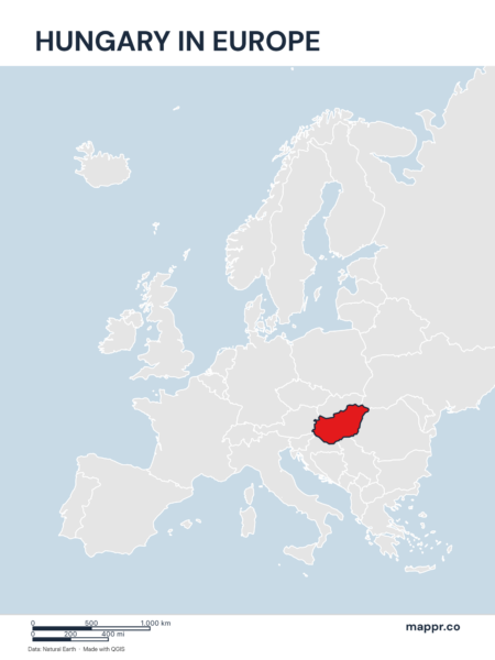 A map highlighting Hungary's location on the european continent.