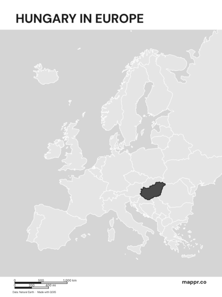 A map highlighting Hungary's location on the european continent (black and white).