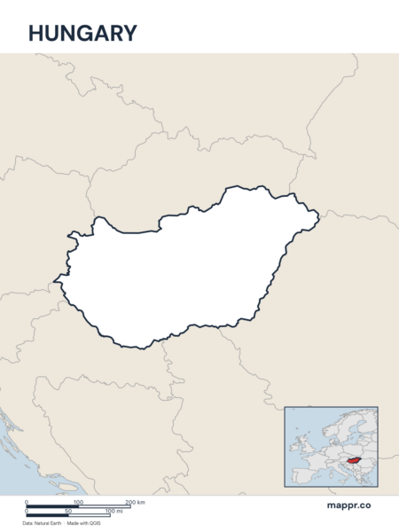 Outline map of Hungary with detailed country borders.