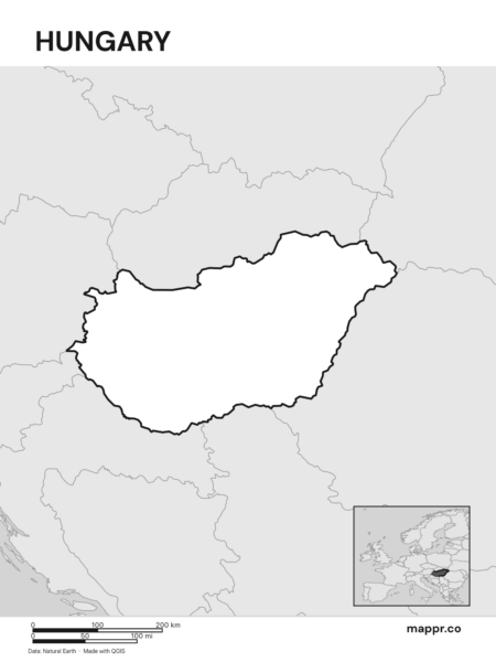 Outline map of Hungary with detailed country borders (black and white).