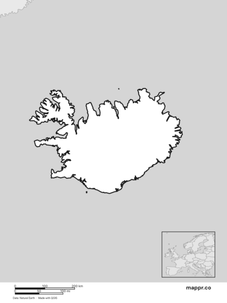 Blank political map of Iceland showing its international borders without labels (black and white).