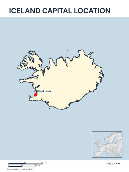 Detailed map pinpointing Reykjavík, the capital of Iceland.