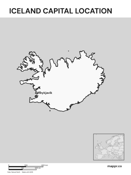 Detailed map pinpointing Reykjavík, the capital of Iceland (black and white).