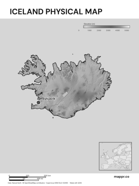 Map featuring Reykjavík, the capital of Iceland, with rich topographical detail (black and white).