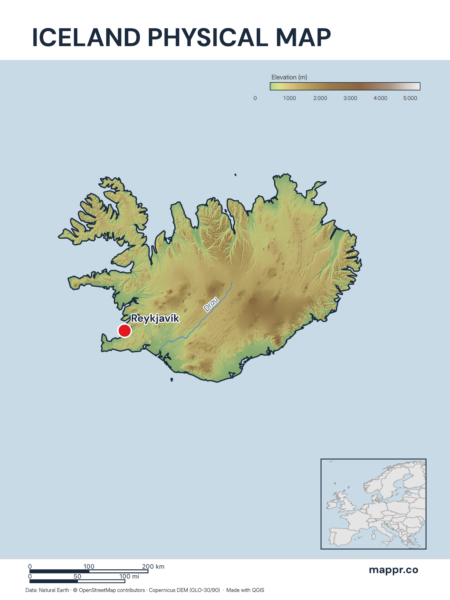 Map featuring Reykjavík, the capital of Iceland, with rich topographical detail.