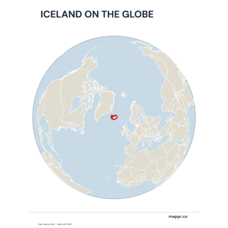 A map highlighting Iceland's location on a globe, marked with a red outline.