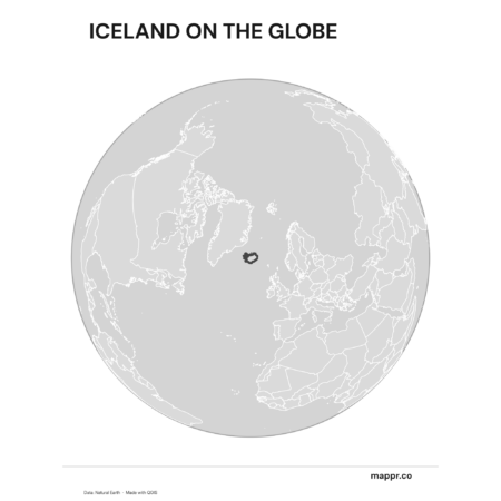A map highlighting Iceland's location on a globe, marked with a red outline (black and white).