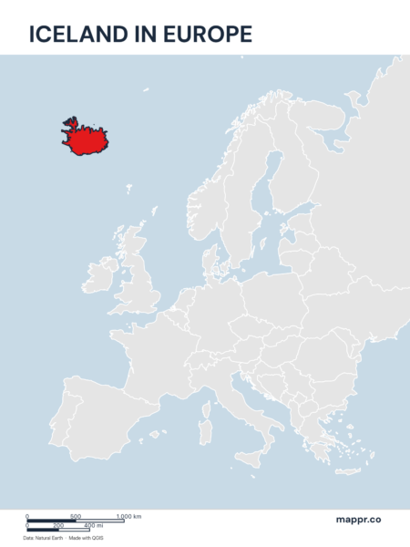 A map highlighting Iceland's location on the european continent.