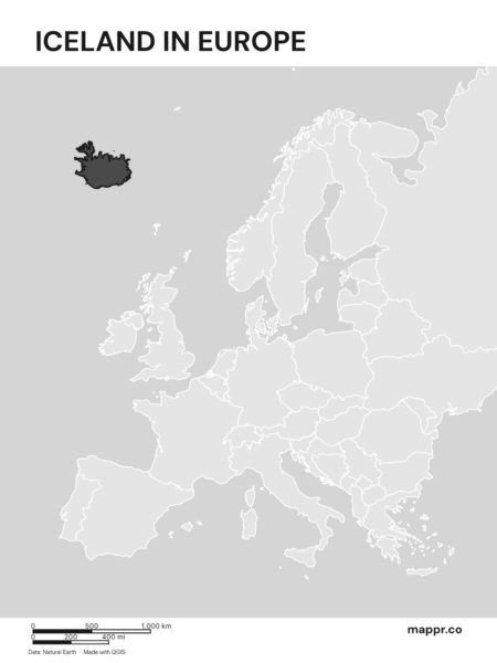 A map highlighting Iceland's location on the european continent (black and white).