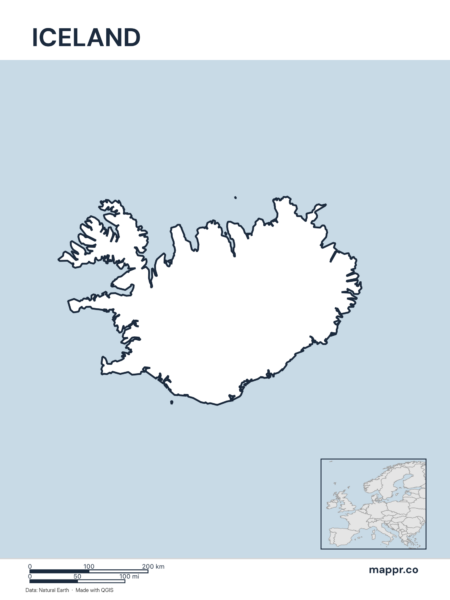 Outline map of Iceland with detailed country borders.