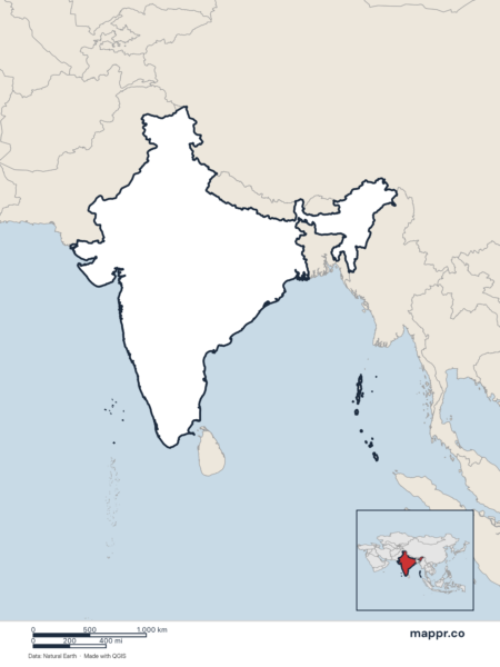 Blank political map of India showing its international borders without labels.
