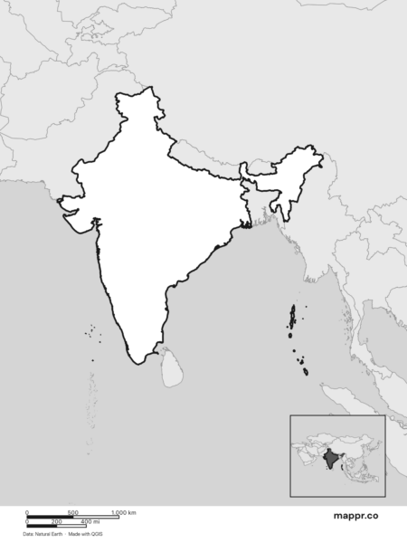 Blank political map of India showing its international borders without labels (black and white).