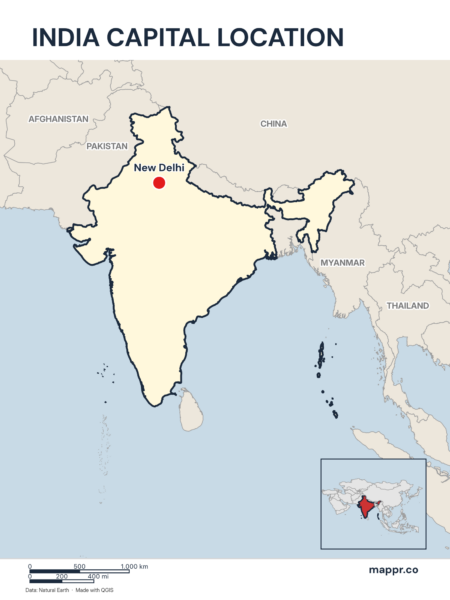 Detailed map pinpointing New Delhi, the capital of India.