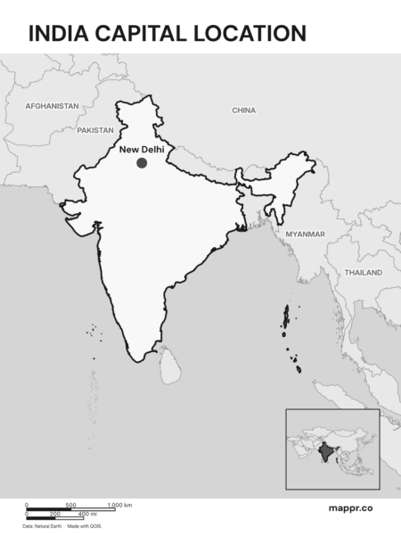 Detailed map pinpointing New Delhi, the capital of India (black and white).