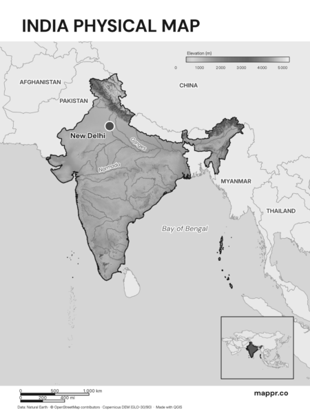 Map featuring New Delhi, the capital of India, with rich topographical detail (black and white).