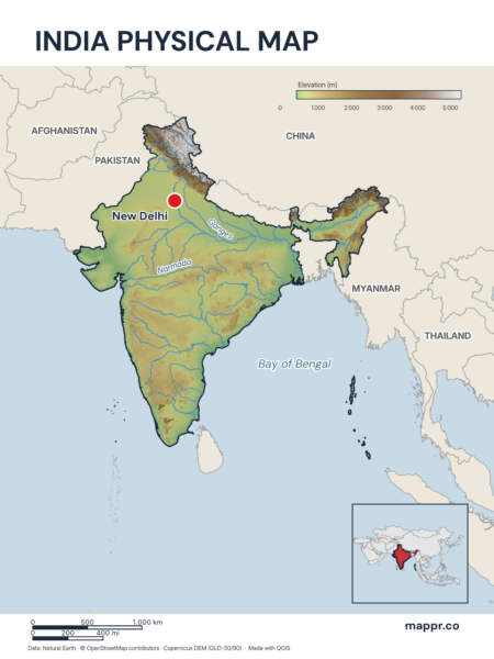 Map featuring New Delhi, the capital of India, with rich topographical detail.