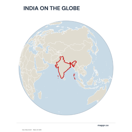 A map highlighting India's location on a globe, marked with a red outline.