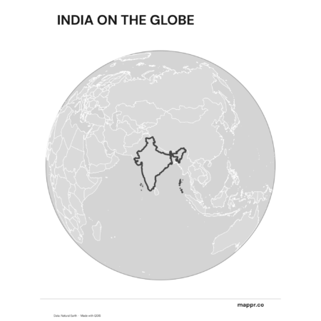 A map highlighting India's location on a globe, marked with a red outline (black and white).