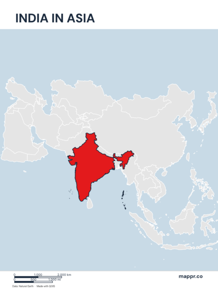 A map highlighting India's location on the asian continent.