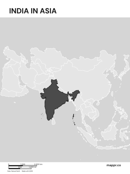 A map highlighting India's location on the asian continent (black and white).