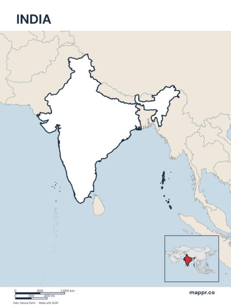 Outline map of India with detailed country borders, showcasing its geographical shape.