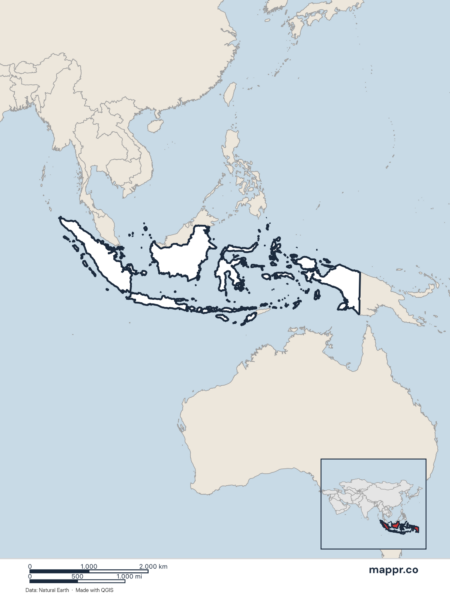 Blank political map of Indonesia showing its international borders without labels.