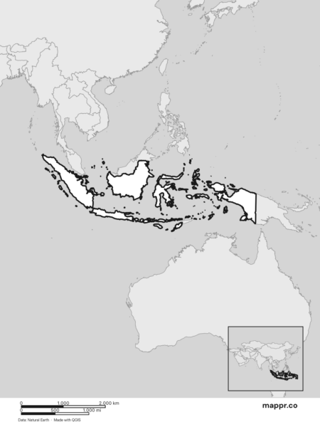 Blank political map of Indonesia showing its international borders without labels (black and white).