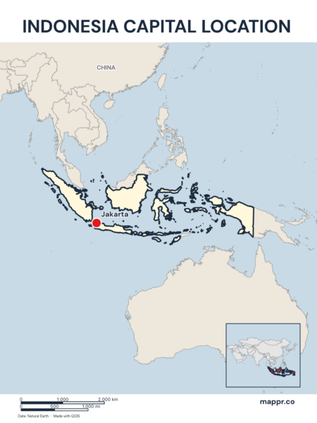 Detailed map pinpointing Jakarta, the capital of Indonesia.