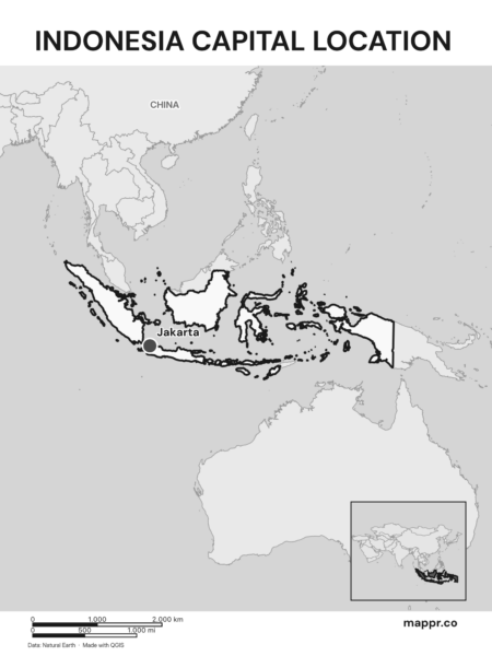 Detailed map pinpointing Jakarta, the capital of Indonesia (black and white).