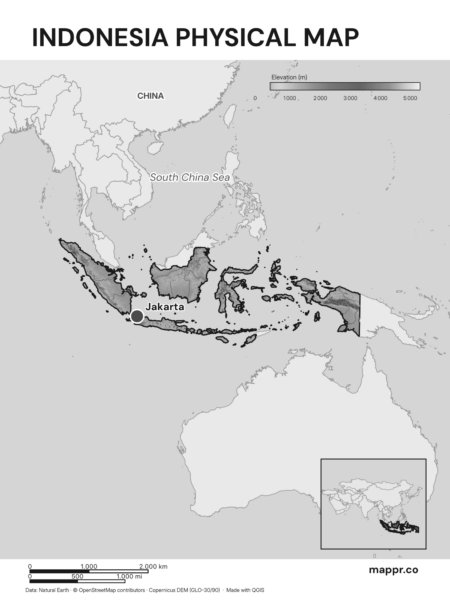 Map featuring Jakarta, the capital of Indonesia, with rich topographical detail (black and white).