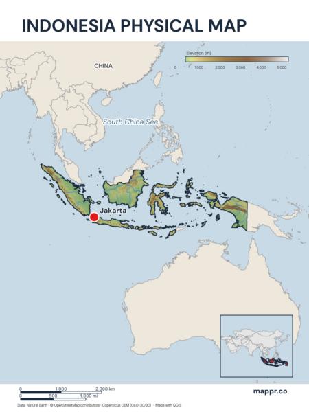 Map featuring Jakarta, the capital of Indonesia, with rich topographical detail.