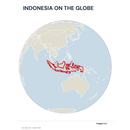 A map highlighting Indonesia's location on a globe, marked with a red outline.