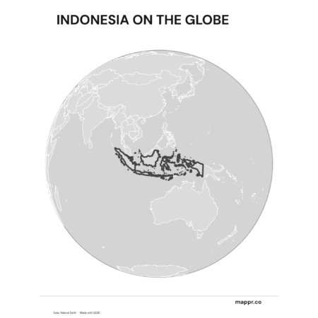 A map highlighting Indonesia's location on a globe, marked with a red outline (black and white).