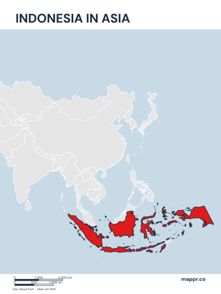 A map highlighting Indonesia's location on the asian continent.