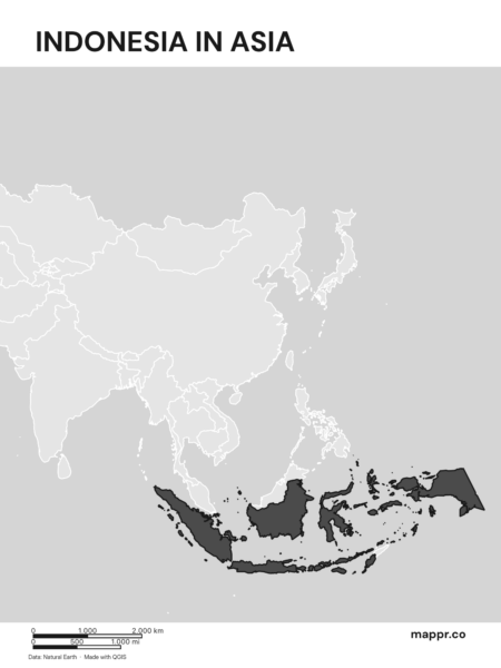 A map highlighting Indonesia's location on the asian continent (black and white).