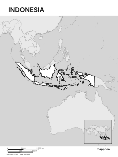 Outline map of Indonesia with detailed country borders, showcasing its geographical shape (black and white).