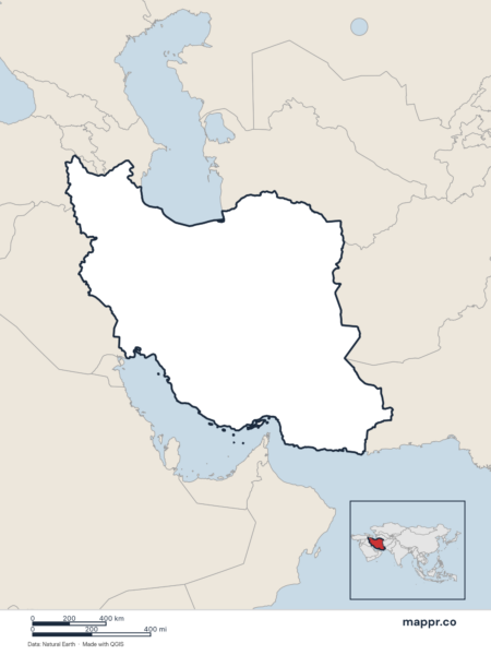 Blank political map of Iran showing its international borders without labels.