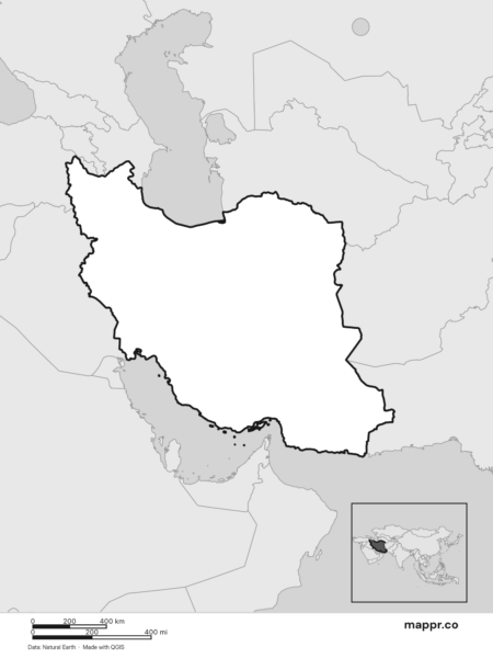 Blank political map of Iran showing its international borders without labels (black and white).