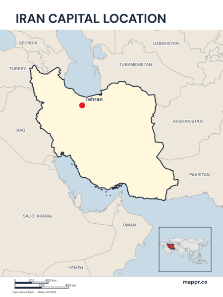 Detailed map pinpointing Tehran, the capital of Iran.