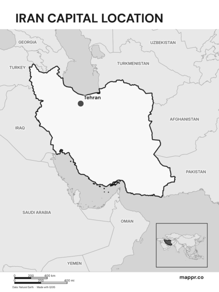 Detailed map pinpointing Tehran, the capital of Iran (black and white).