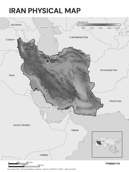 Map featuring Tehran, the capital of Iran, with rich topographical detail (black and white).