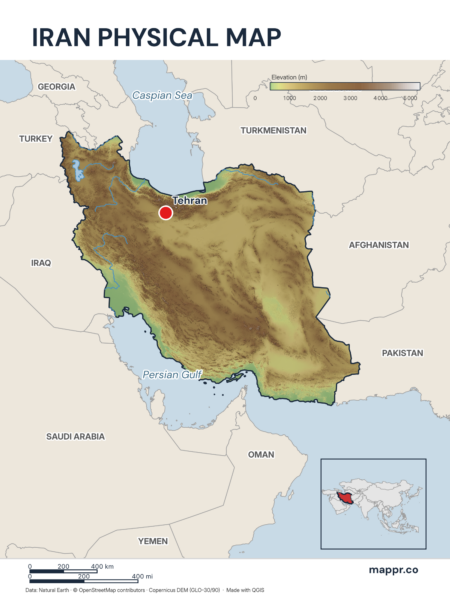 Map featuring Tehran, the capital of Iran, with rich topographical detail.