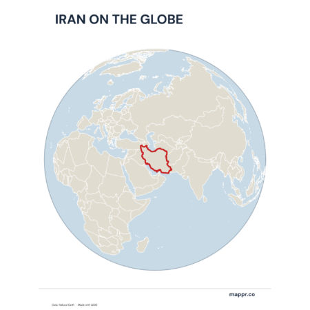 A map highlighting Iran's location on a globe, marked with a red outline.