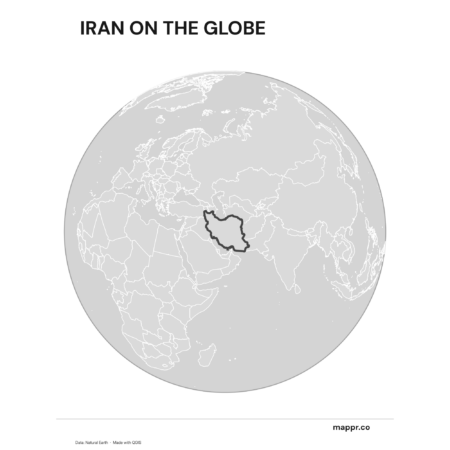 A map highlighting Iran's location on a globe, marked with a red outline (black and white).