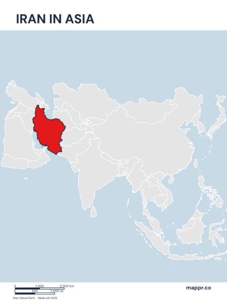 A map highlighting Iran's location on the asian continent.
